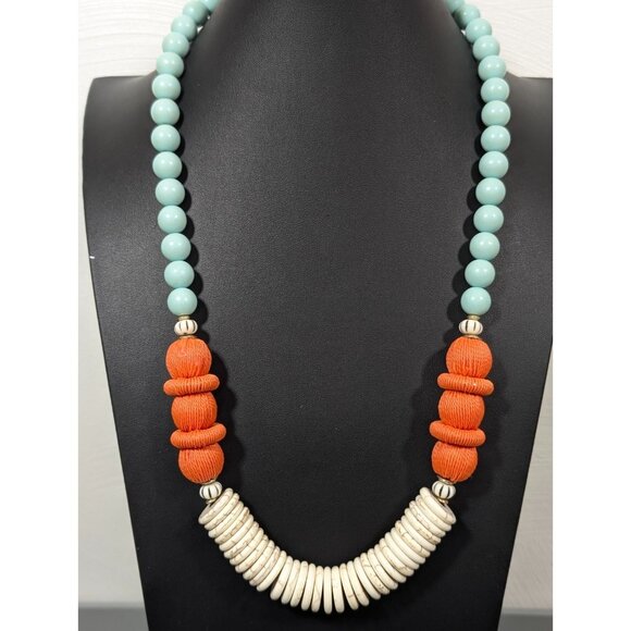 Plunder Jewelry Blue Orange Chunky Beaded Statement Necklace Boho Coastal 30 in - Picture 1 of 9